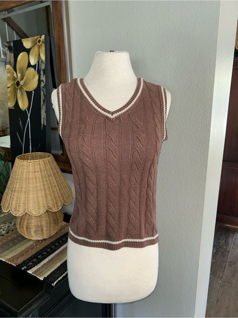 Full Tilt Brown Cable-Knit V-Neck Sweater Vest with Cream Trim